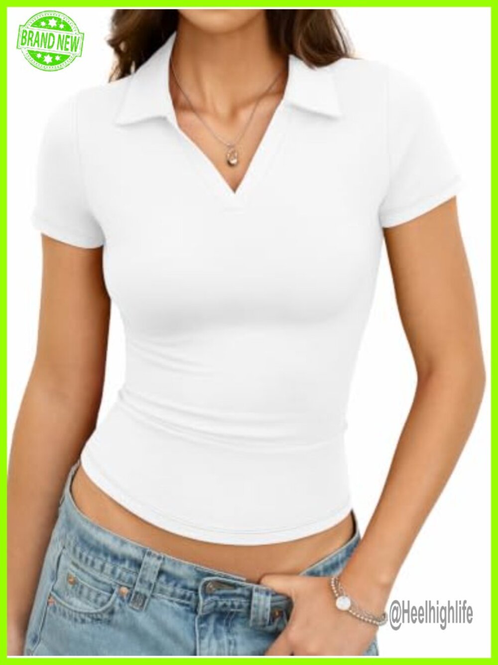 Womens Cotton Polo Shirt Short Sleeve V-Neck Business Casual Top